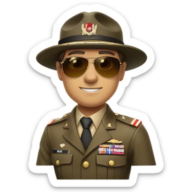 brown eyes, brown hair, ray ban sunglasses, commander of the land forces, white skin, he has a hat sticker