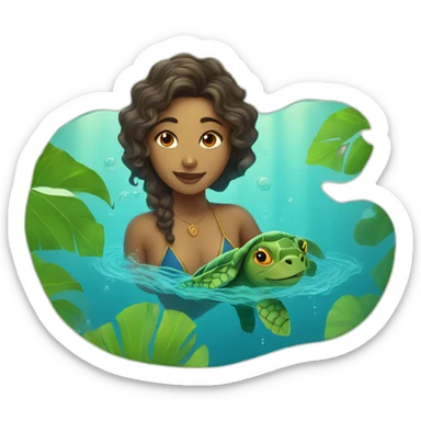 Indian woman with wavy hair swimming with a turtle sticker