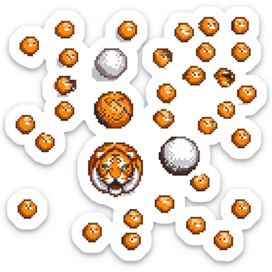 pixel art version of tiger balls, orange and black, retro video game style sticker
