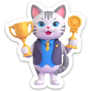 a 3D emoji style cat holding an award trophy, looking proud and famous sticker