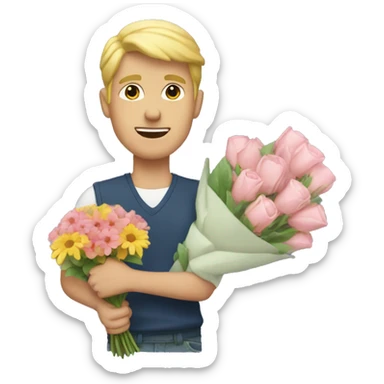 blonde guy holding a bouquet of flowers sticker