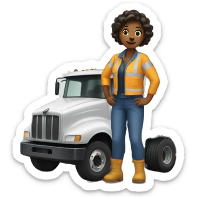 Woman in front of dump truck sticker