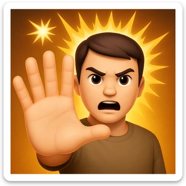 Make the arm fully outstretched toward the viewer so it is not visible behind the hand. The open palm hand should take up even more space, dominating the image. Keep the wrathful, destructive facial expression and lightning blasts in the background in the style of apple style emojis. sticker