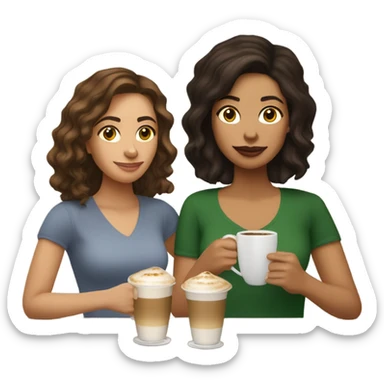puerto rican woman light skin with shoulder-length, wavy, brown hair drinking latte with Italian woman with black, straight hair drinking espresso at table sticker