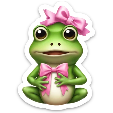 Frog wearing pink bow on head while holding teddybear in his hands sticker