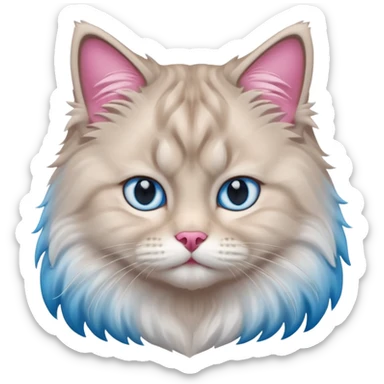 Fluffy Siberian cat face emoji, white and grey long hair, bright blue eyes, pink nose, friendly expression, 3D vector style, isolated on white background. sticker