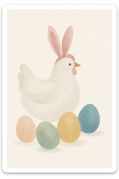 a white hen with pink bunny ears and colourful eggs, soft watercolor art style sticker