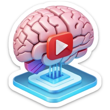 3D icon design, brain with YouTube play button symbol integrated into brain structure, glassmorphism style, soft shadows, gradient colors, modern app icon aesthetic, isometric view sticker