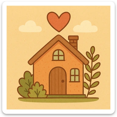 a cozy house with a heart above the roof, colorful cartoon style sticker