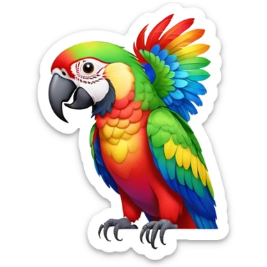Cinematic Noble Macaw Portrait Emoji, Poised and regal, with vibrant, iridescent feathers in a spectrum of brilliant colors and sharp, intelligent eyes, Simplified yet sharp and sophisticated features, highly detailed, glowing with a soft, tropical radiance, high shine, majestic and graceful, stylized with an air of exotic elegance, focused and alert, soft glowing outline, capturing the essence of a watchful and confident avian guardian that seems ready to soar out of the screen with effortless authority! sticker