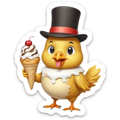 cute chicken dressed in overalls and a top hat, enjoying an ice cream sundae sticker