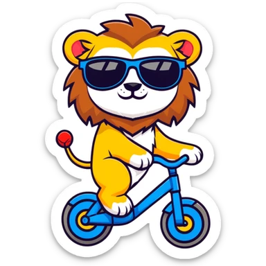 lion riding a bike with sunglasses, cartoon sticker style sticker