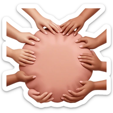 multiple hands working together to form a simple pink clay blob shape, collaborative pottery beginners sticker