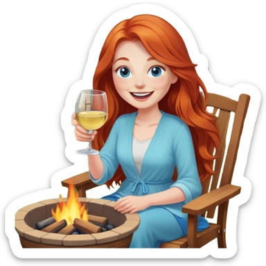 Laughing redhead with long hair and blue eyes holding white wine sitting in chair beside fire pit in backyard sticker
