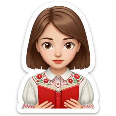 A Ukrainian girl with brown hair in an embroidered shirt reads a red book sticker