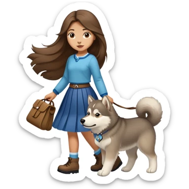 A girl with long brown hair and a skirt walking an Alaskan sticker