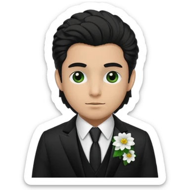 Chico blanco, pelo rubio oscuro, ojos verdes, traje boda oscuro y flor solapa sticker