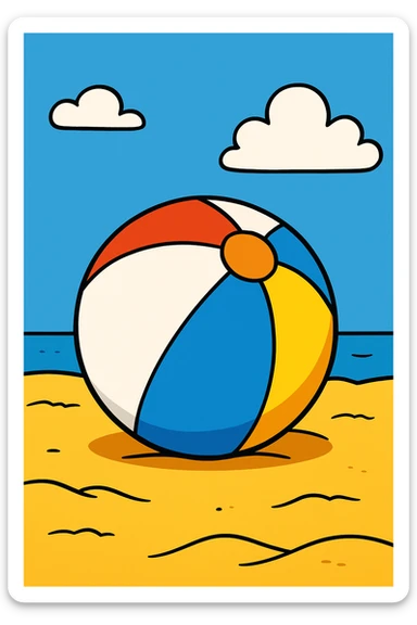 beach ball on sand, blue sky background, cartoon style sticker