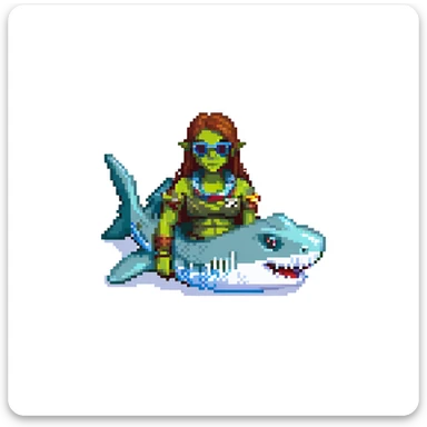 orc female sitting in an inflatable floatie shaped like a shark, wearing oversized sunglasses and a whistle on a neck cord, pixel art style sticker