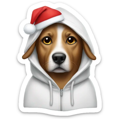 Dog wearing a hoodie with a Christmas hat sticker