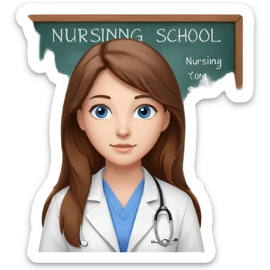 inside a classroom at university that says nursing school on the board with a pretty female nursing student with long brown hair, blue eyes sticker