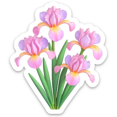 a pair of elegant iris flowers with soft pink petals and green stems, glossy finish, realistic textures, modern and clean look, soft lighting, iOS 3D emoji style sticker