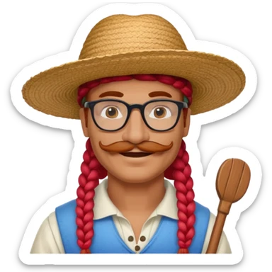 venice gondolier with long red braided hair, iconic hat, normal glassess and mustache sticker