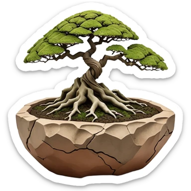 Roots Stoneware akadama moss on soil irregular angular Stone Age rocks cracked crags and broken rough edges forming a very shallow Yixing bonsai pot sans(without) tree  sticker