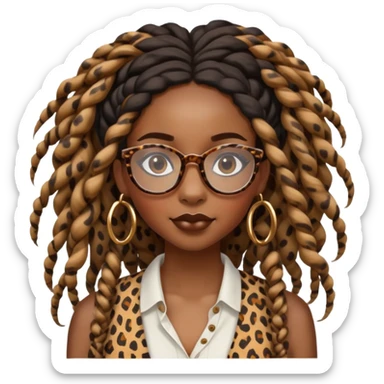 black girl with long boho twists that wears big cheetah print glasses sticker