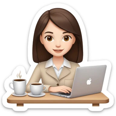 white brunette girl with laptop and coffee cheerful expression sticker