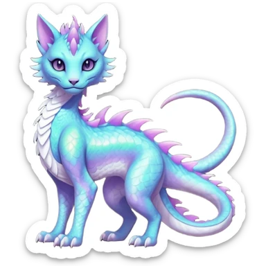 Kawaii black pastel iridescent beautiful pretty elegant divine edgy fantasy feline-vernid-sergal-Haku-dragon-fursona animal creature, full body with intricate markings  sticker
