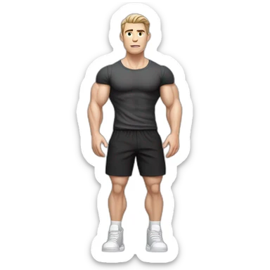 Confused Pale skinned Fit Man With the biceps and dark brown hair in black shirt, gray sports shorts and white Sneakers sticker