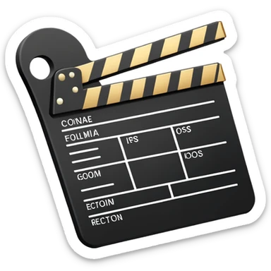 simplified film slate with gold top rectangle and white bottom rectangle, black diagonal line sticker