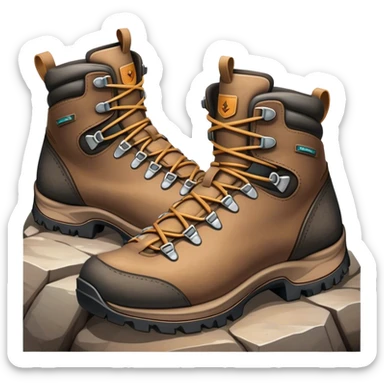 Cinematic Realistic Hiking Boots, well-worn leather boots resting on a rocky trail, scuffed edges and dirt-speckled laces adding character, glowing softly under the dappled sunlight filtering through the trees. sticker
