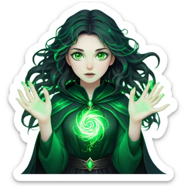a young woman with pale skin, dark messy hair, glowing green eyes, and wearing a dark, mystical outfit. She’s surrounded by swirling magical energy, with sparks of green magic around her hands.” sticker