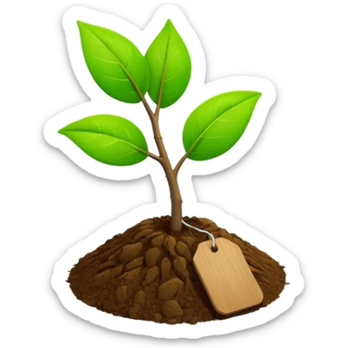 bright green sapling with wooden tag on soft soil, apple 3d emoji style sticker