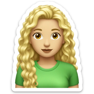 Chica rubia pelo rizado largo y flequillo con ropa verde ldelante ordenador sticker