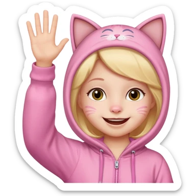 little Girl kid in pink cat onesie waving happily sticker