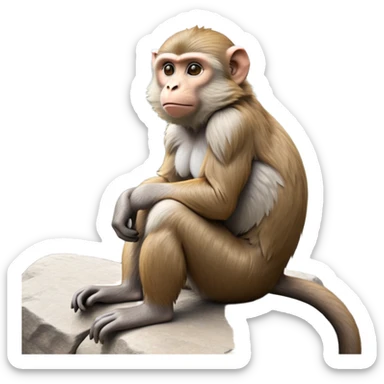 cinematic-macaque-realistic-full-body-sitting-emoji,-compact-muscular-frame-poised-on-a-rocky-outcrop,-short-curled-tail-resting-behind,-head-tilted-dramatically,-thick-dense-fur-in-warm-shades-of-brown-and-grey,-expressive-eyes-filled-with sticker