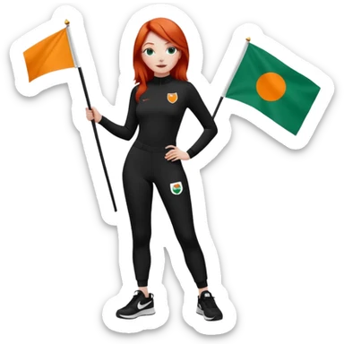 white girl wearing orange cameo trousers and along sleeve high neck black bodysuit with black and white Nike trainers. she has red hair and bluey green eyes and is holding flag with her logo on  sticker