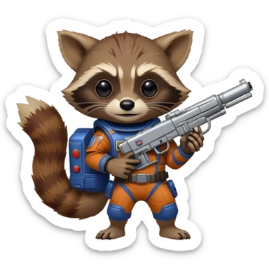 Generate a rocket raccoon from the Guardians of the Galaxy movies, he has a gun in his hands and a groot on his shoulder sticker