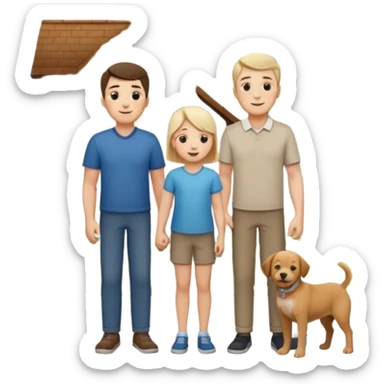 1 Father 1 Mother and 1 young boy who is half as tall as the parents, standing in front of their house with a dog next to them sticker