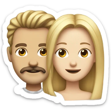 Woman with shoulder length blonde hair and a man with a brown hair and large mustache sticker