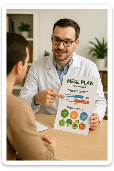 a nutritionist sits at a desk with a client, showing a personalized meal plan and a chart that clearly displays the client’s specific daily caloric deficit. The nutritionist points to the chart, which includes recommended calories, macronutrient breakdown, and healthy food options. The mood is professional, supportive, and educational. in italiano sticker