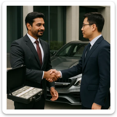 A business deal scene: a light-skinned Indian man with a goatee and a Chinese man shaking hands, the Indian man offers a briefcase of money, an AMG car is parked behind him. sticker