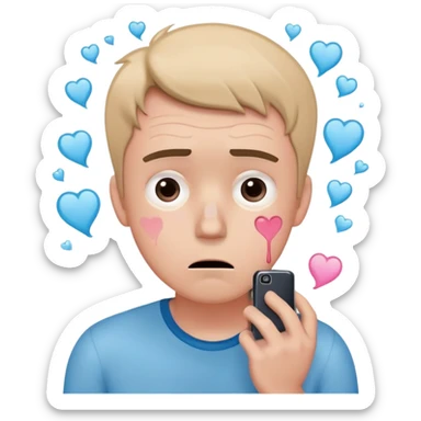 anxious man with wide worried eyes and slightly frowning mouth overthinking with sweat drops, a cracked heart symbol nearby, holding a phone in hand, body posture tense and reaching forward showing fear of abandonment, minimal soft rounded design with gentle blue and pink colors sticker