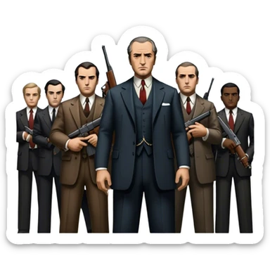 Vintage noir poster with Don Corleone surrounded by gangsters holding Thompson submachine guns. Dark and moody atmosphere with shadows, suits, and a mysterious vibe. Background features New York skyscrapers, adding to the gritty, classic gangster film feel. Transparent background. sticker