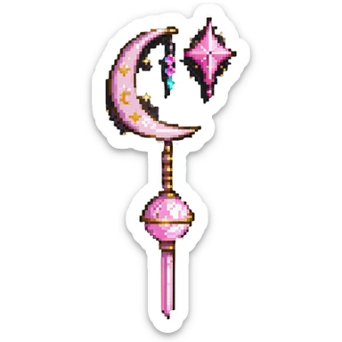 Sailor Moon's Moon Stick, a pink wand with a golden crescent moon on top and a magical pink crystal sticker