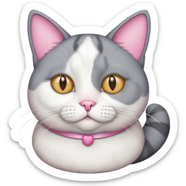 Gray and white tuxedo cat that is fat with white on top of tail and white on nose sticker