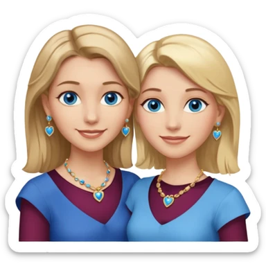 Two women, one with dark blonde medium-length hair, blue eyes, jewels, and earrings. The other is slightly shorter, also with blonde shoulder-length hair, blue eyes, a gold heart necklace, and earrings. Both women are smiling and embracing. sticker